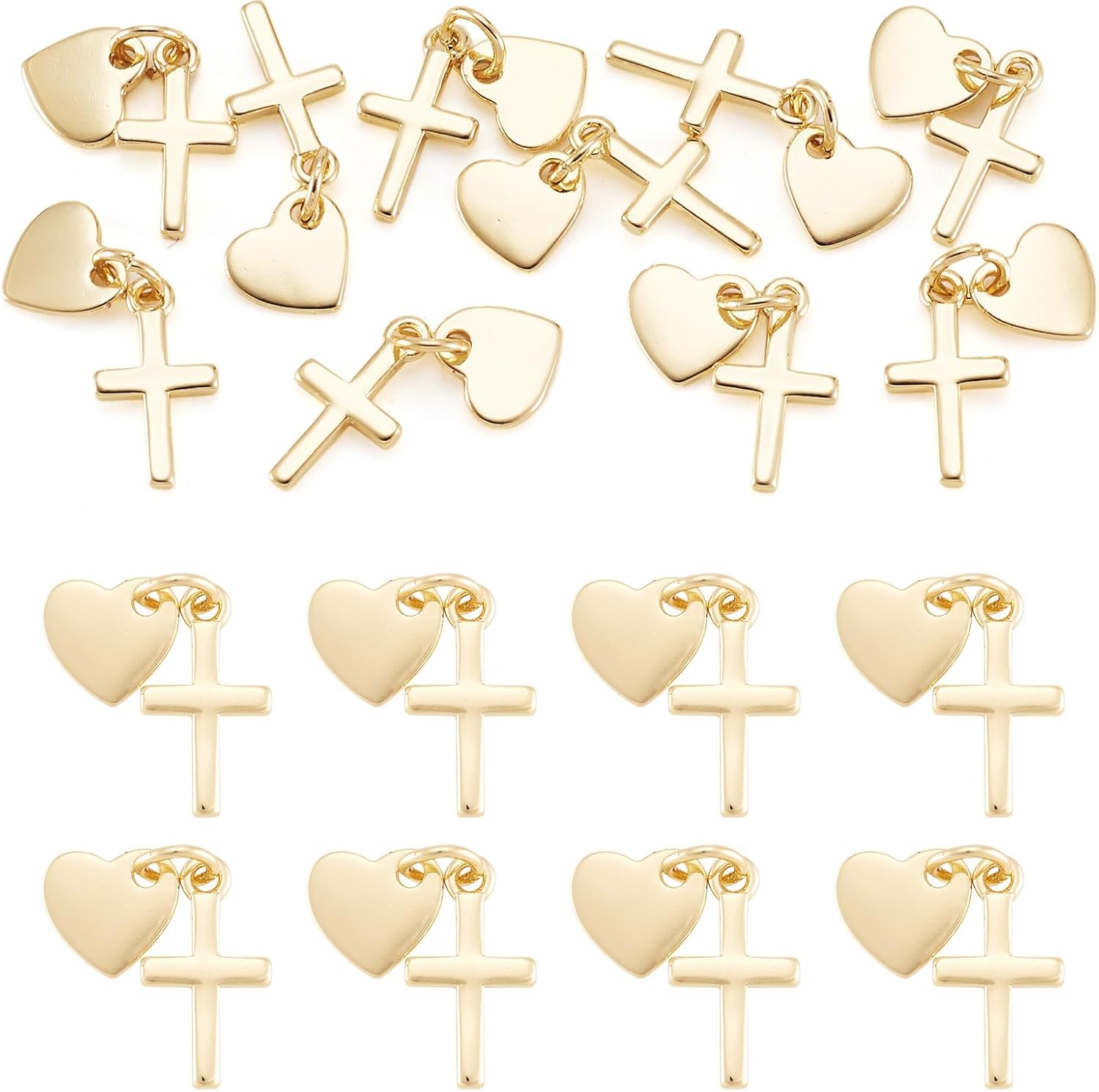 FASHEWELRY 10Pcs 18K Gold Plated Brass Pendants Golden Cross Heart Charms Gold Filled Jewelry Charms with Jump Ring for DIY Bracelets Necklaces Jewelry Making