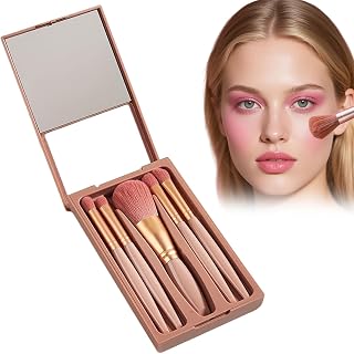 5 PCS Mini Makeup Brushes with Hard Case and Built-In Mirror,Portable Makeup Brush Set,Travel Essentials for Foundation,Powder,Cosmetics Women and Girls(Dusty Rose Pink)