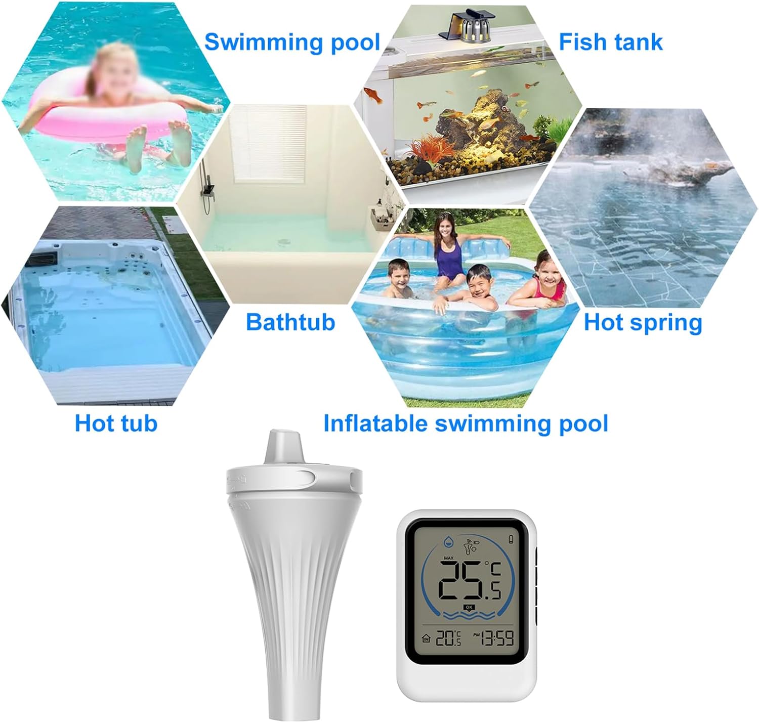 Pool Thermometer with Temperature Sensor for Pool Fish Tank Bathtub Swimming Pool 12/24-Hour Time Format Record Highest Lowest Outdoor Temperature℃/℉ switchable