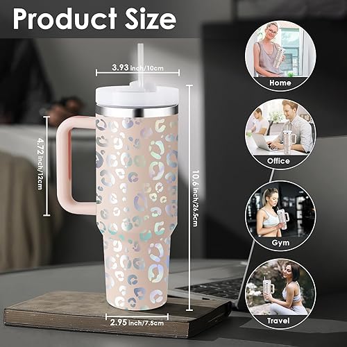 Miniatura 7 de cudinham Vaso de 40 onzas con tapa con asa, popote aislado al vacío de acero inoxidable para mantener las bebidas frías, soporte para taza de café