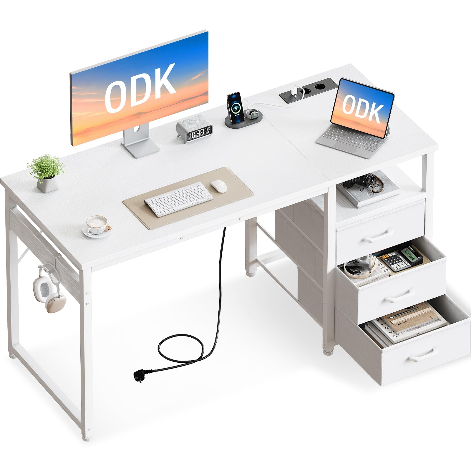 ODK Kleiner Schreibtisch mit 3 Schubladen aus Stoff, 100x48x75,5 cm Computertisch mit 2 Steckdosen und USB-Anschlüssen, Umkehrbarer PC-Schreibtisch Bürotisch für kleines Home Office, Weiß
