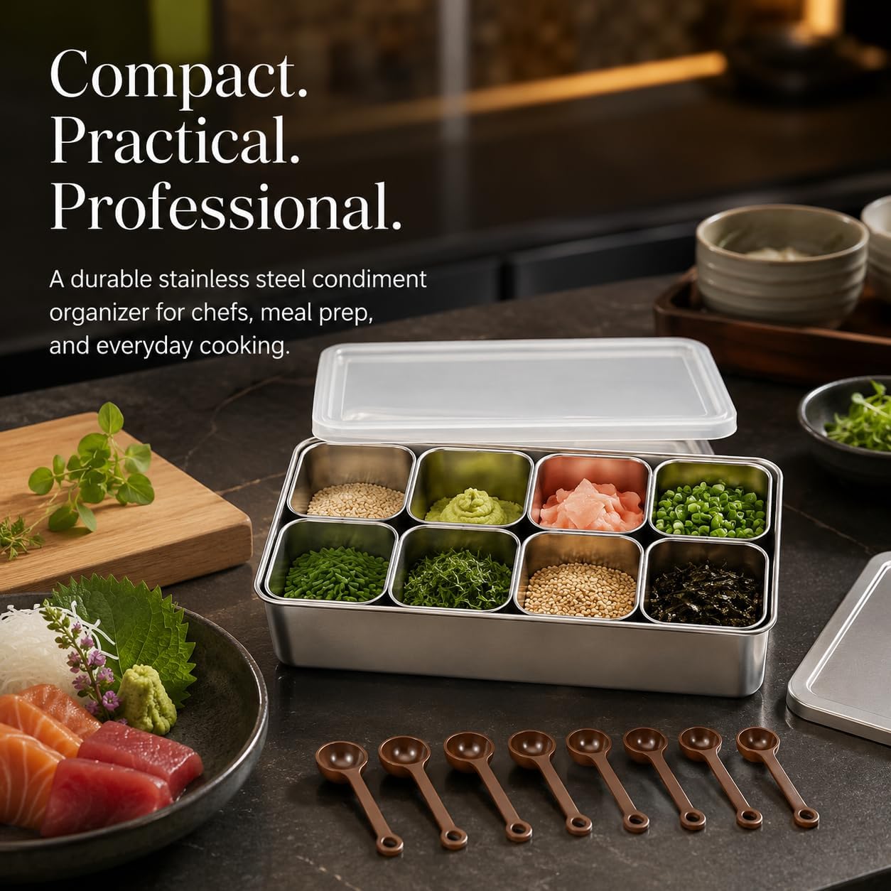 Stainless Steel Yakumi Pan with 8 Removable Compartments, Dual Lids & 8 Mini Spoons, Japanese Mise En Place Condiment Container for Sauces, Spices, Garnishes, Sushi Prep and Kitchen Organization