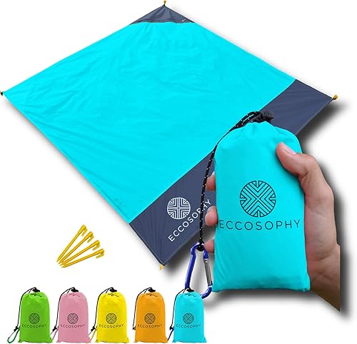 ECCOSOPHY Manta de playa a prueba de arena, manta de picnic impermeable de 60 x 55 pulgadas, manta de bolsillo compacta para exteriores, ligera,