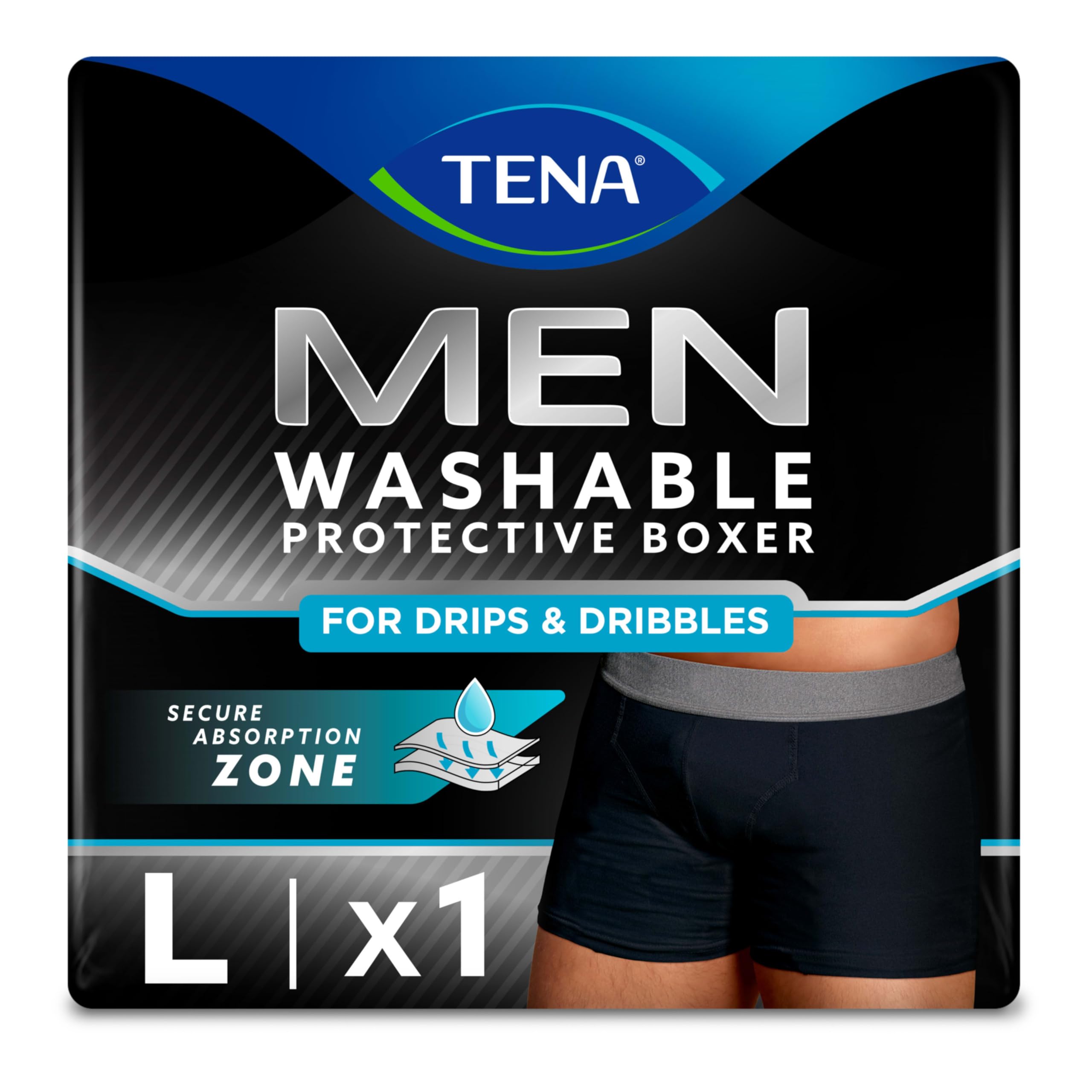 TENAMen's Washable Protective Boxers, Light Absorbency, Large, Black, 1 Count