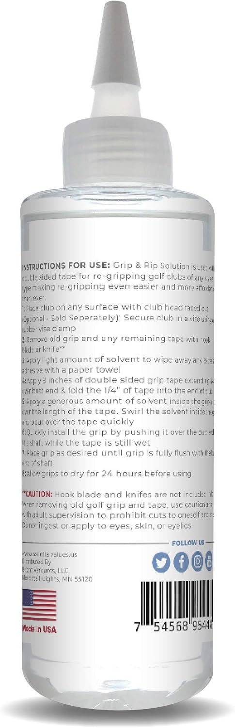 Essential Values Golf Grip Kit (8 Fl Oz) | Made in USA, Golf Solvent - Double The Solution Compared to Other Brands - Excellent for Quick & Easy Regripping of Golf Clubs