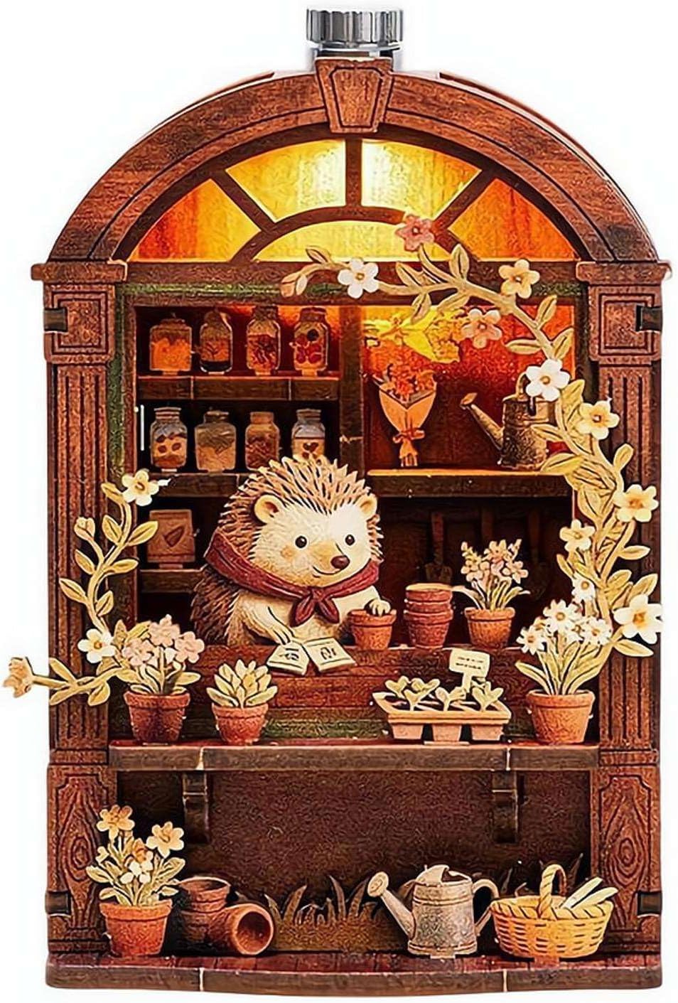 DIY Mini Wooden House Model Kit with LED Light, Magnetic Back Miniature Scene Decor, Compact Handmade Craft Ornament for Fridge Desktop Gift (Hedgehog)