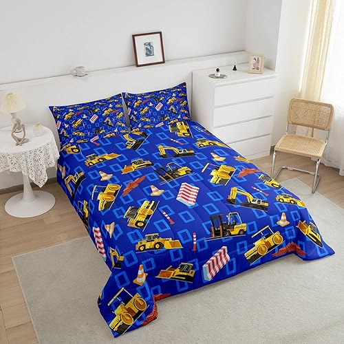 Miniatura 2 de Erosebridal Ropa de cama para niños, tamaño Queen, juego de edredón de tractor de dibujos animados, juego de edredón de construcción de equipos,