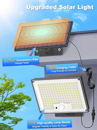 Miniatura 2 de Gusicil Luces solares para exteriores, impermeables, IP65, 172 LED, 9000 K, 3 modos, luz solar dividida con sensor de movimiento al aire libre con