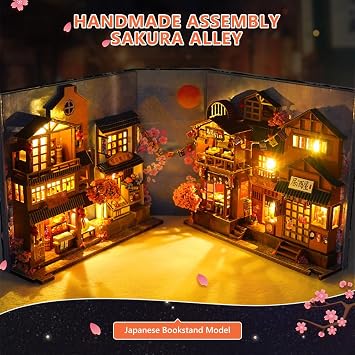 DIY Book Nook Kit, 3D Wooden Puzzle House,DIY Miniature Dollhouse Booknook Kit,Model Kits for Adults to Build with LED Light,Mini Doll House Creativity Gift for Teens 14+ (Cherry Blossom Alley)