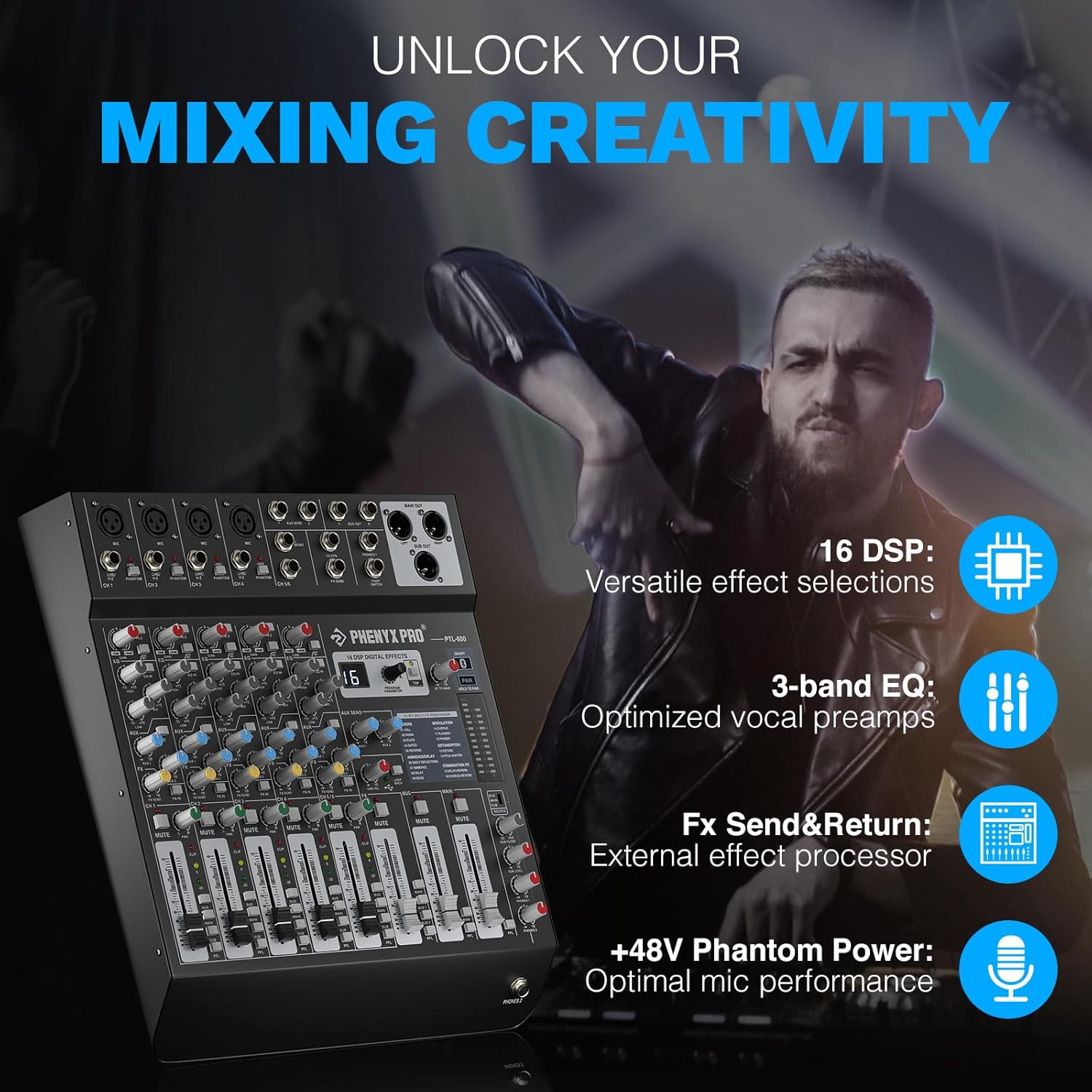 Image of the Phenyx Pro PTL-600 mixer highlighting the 16 DSP effects, 3-band EQ, Fx Send&Return, and +48V Phantom Power features