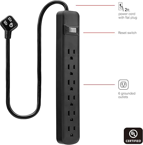 Miniatura 3 de GE Multicontacto de 6 tomas, cable de 2 pies, montaje en pared, cortacircuito integrado, 15A, 1800W, certificación UL, negro, 14831