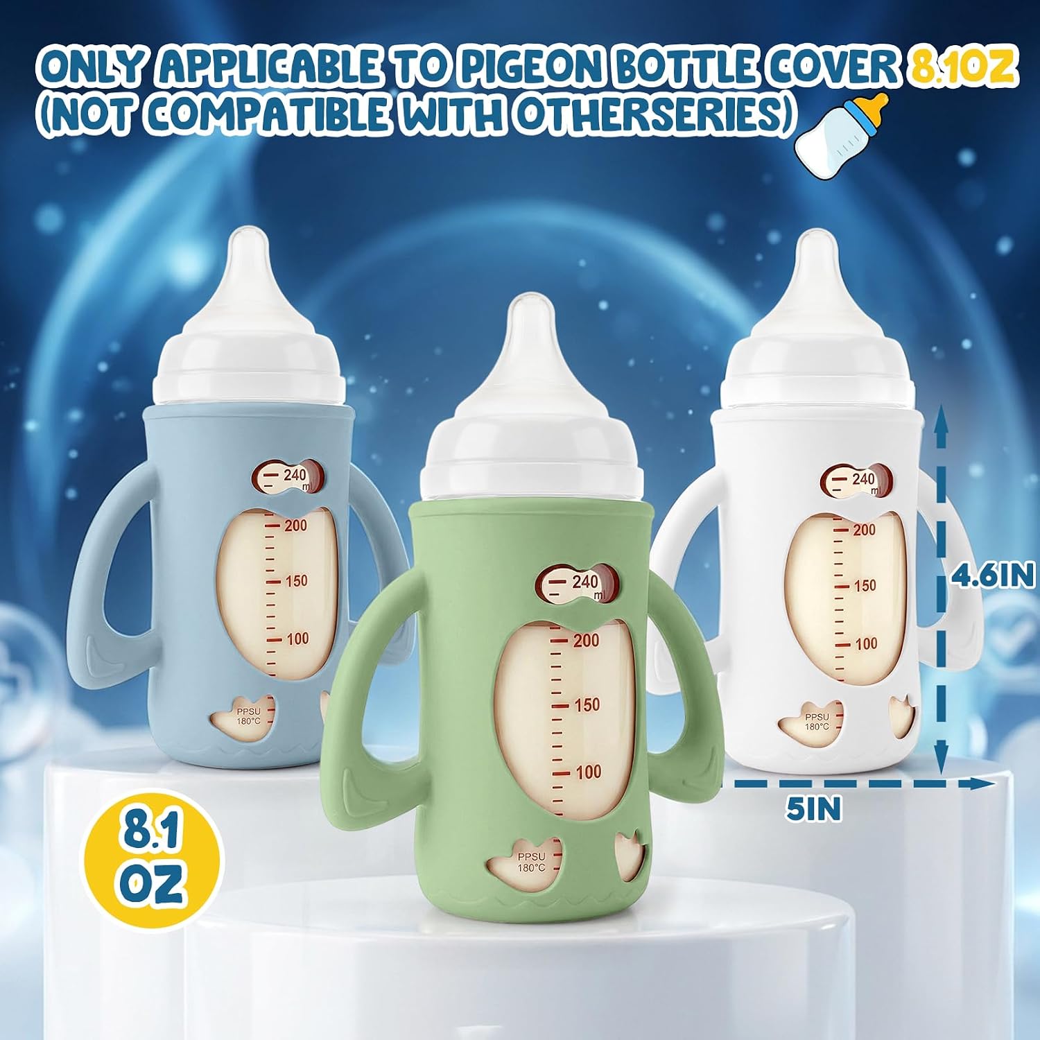 3 Pack Silicone Baby Bottle Handles & Holders for Pigeon Bottles 8.1oz, Food Grade Anti-Breakage Silicone Sleeve for Glass Bottle - Great Upgrade for Your Baby Bottle Sets（White+Green+Blue）