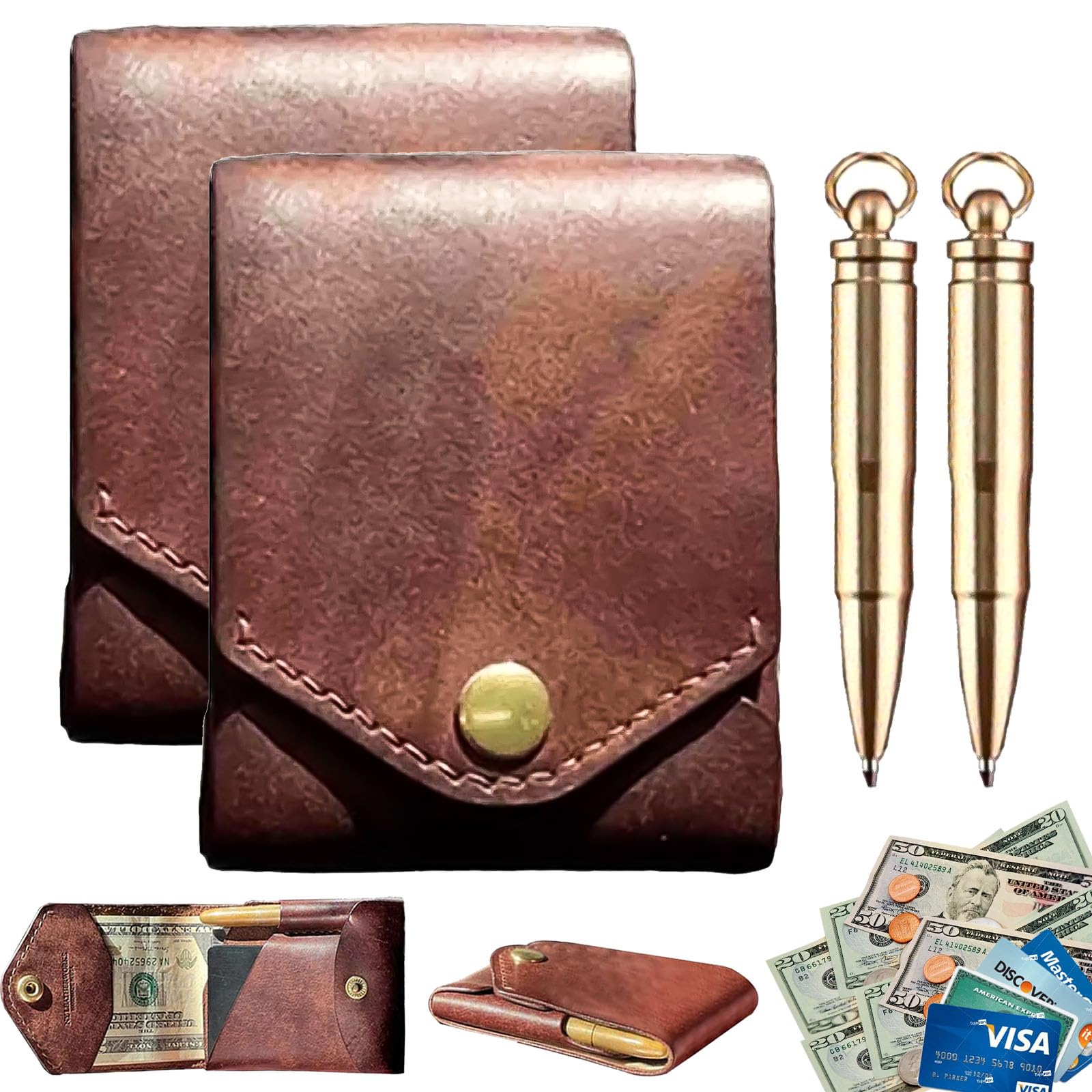 Vintage Handmade Leather Wallet for Men, Compact Leather Business Card Holder with Pen Slot, Small Slim Thin Cash Wallet for Daily Commute Business,and Travel, 2PCS, Vintage-image-16