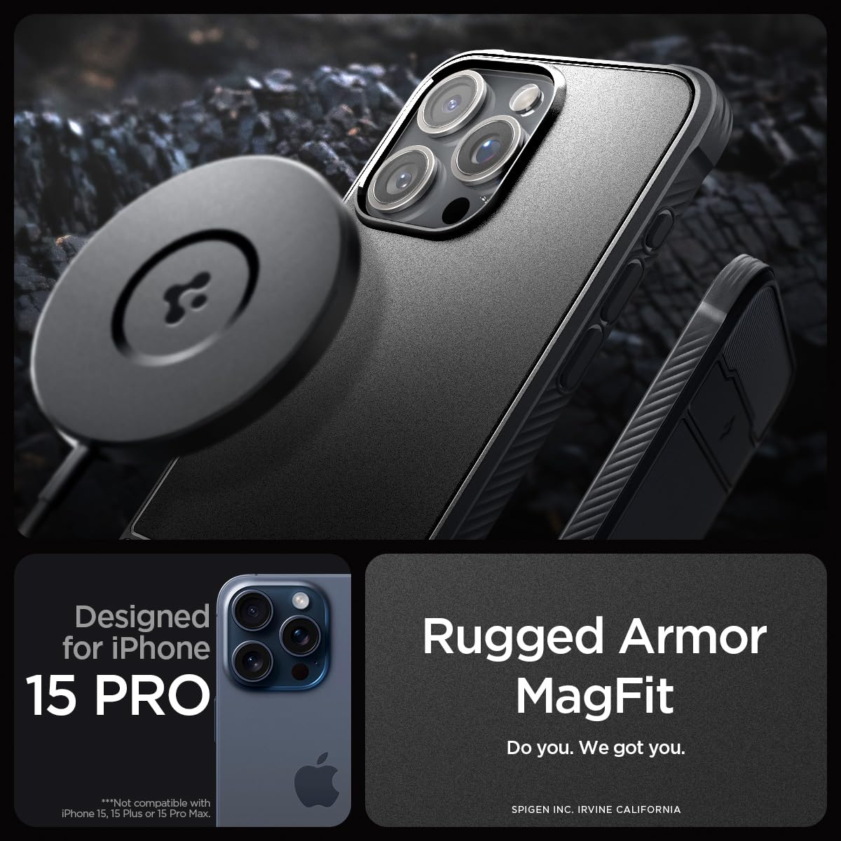 Image secondaire de Coque Magnétique Spigen Rugged Armor pour iPhone 15 Pro - Fibre de Carbone Noir Mat