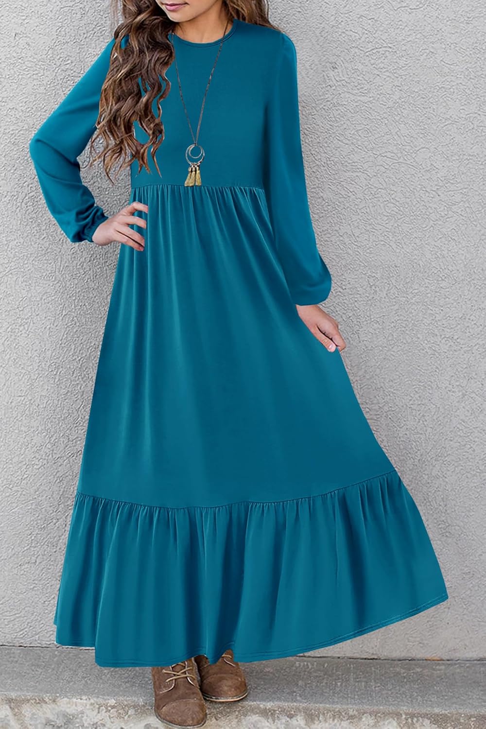 HOSIKA Girls Maxi Dress Lantern Long Sleeve Loose Flowy Tiered Casual Holiday Dresses with Pockets for 6-12 Y - Image 4