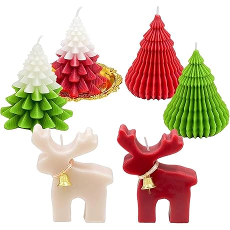 Scented Christmas Wax Candles: Elk & Christmas Tree Shaped Candles (6 Pack)