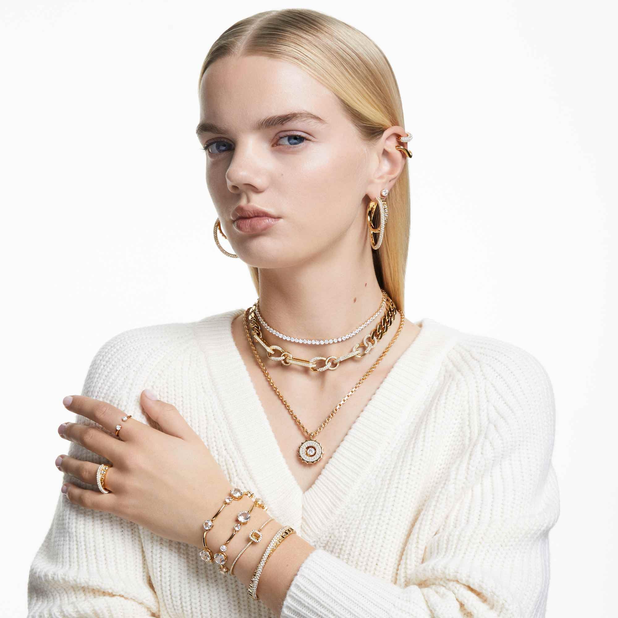 Swarovski Kolczyki zapinane na sztyft Constella, Szlif okrągły, Białe, Powłoka w odcieniu złota