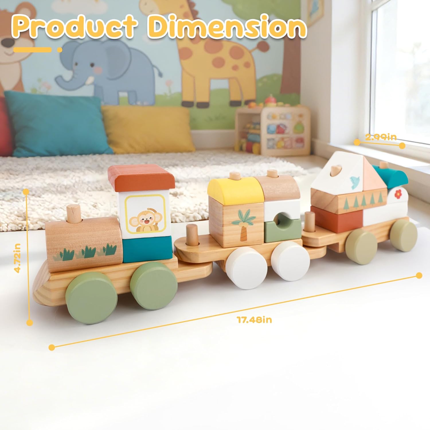 Freniland Solid Wood Block Train Set – 3-Car Premium Buildable Train with 18 Wooden Blocks, Montessori Stacking & Rolling Learning Toy for Toddlers 18M+, Heirloom Quality Gift