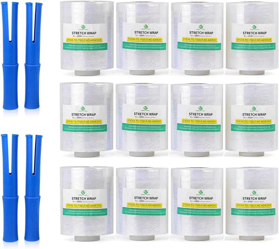 BOMEI PACK 12 Pack Industrial Replace Mini Clear Stretch Wrap with 4 Handle 5" 1000ft 80 Gauge for Pallet Wrap, Durable Self-Adhering Plastic Wrap for Packing, Moving, Heavy Duty (Clear with 4 Handle)