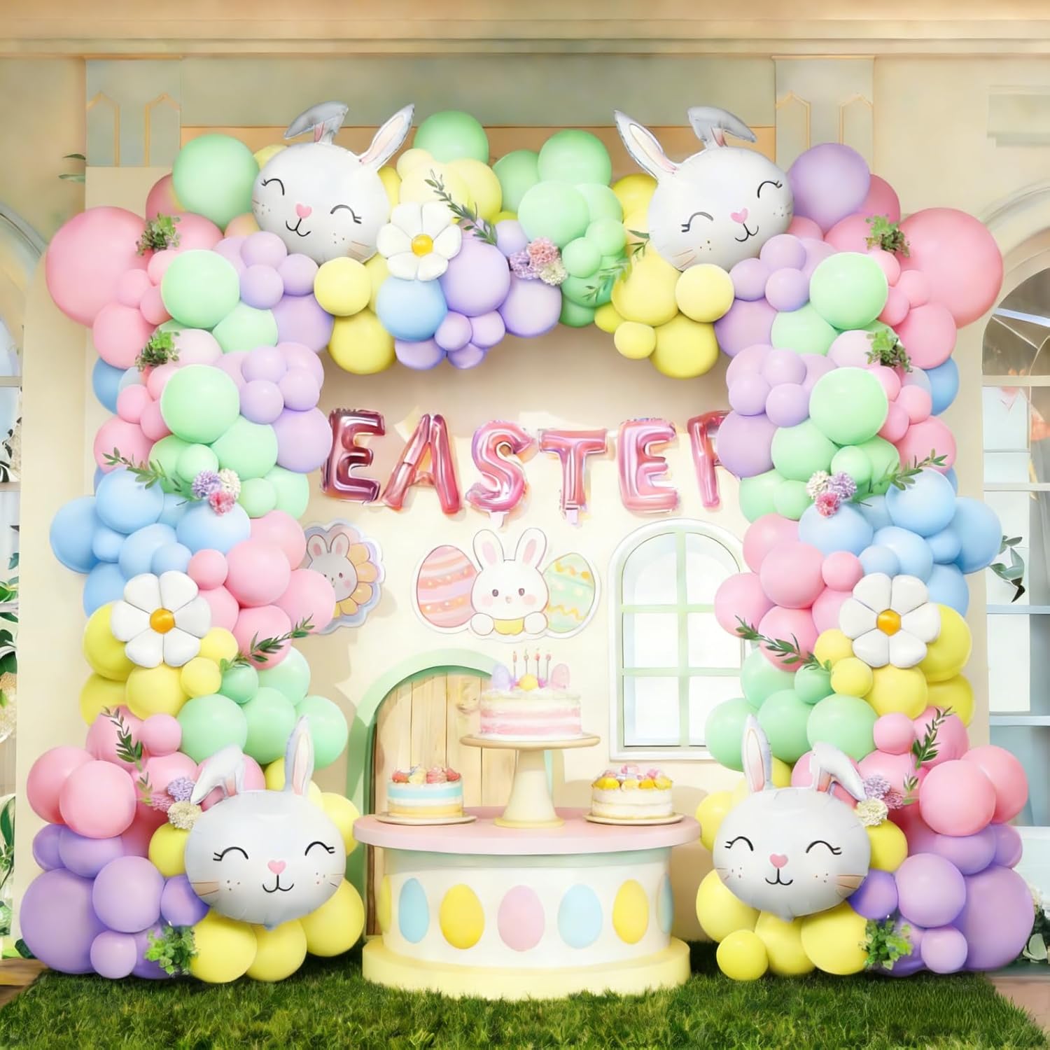 Easter Balloon Arch Garland Kit,Pastel Rainbow Balloons with Bunny and Daisy Foil Balloons for Easter Birthday Spring Party Baby Shower Decorations