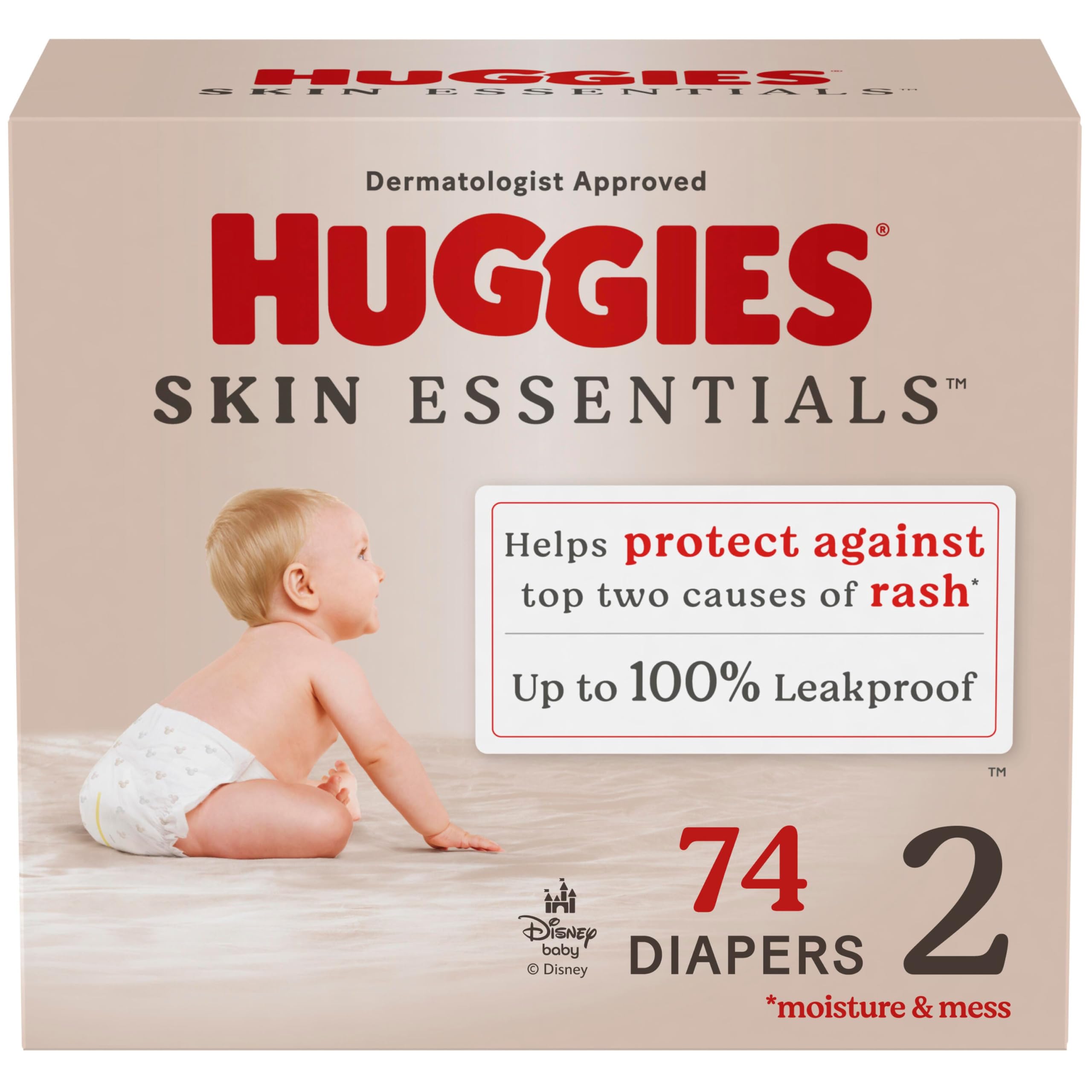 Huggies Size 2 Diapers, Skin Essentials Baby Diapers, Size 2 (12-18 lbs), 74 Count, Packaging May Vary