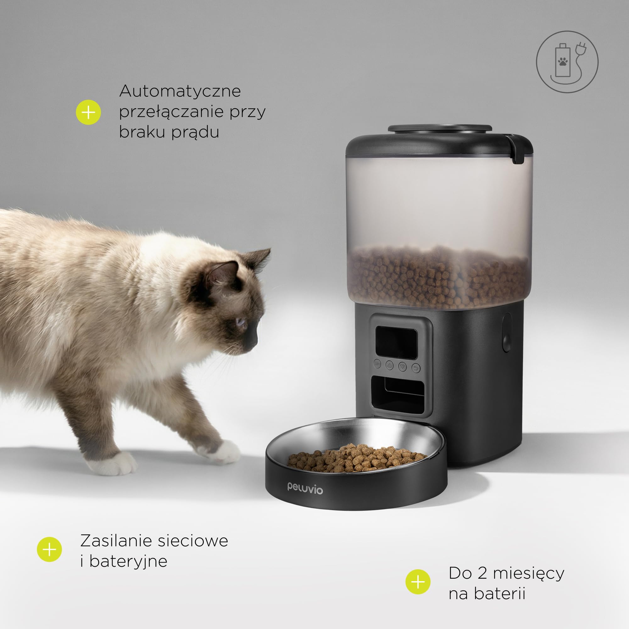 CRISPY Automatyczny dozownik karmy dla psów i kotów 4,5 l z programowalnymi porcjami, zegarem i wyświetlaczem LCD, stalową miską, USB-C, dozownik krokietów i wody dla zwierząt domowych (czarny