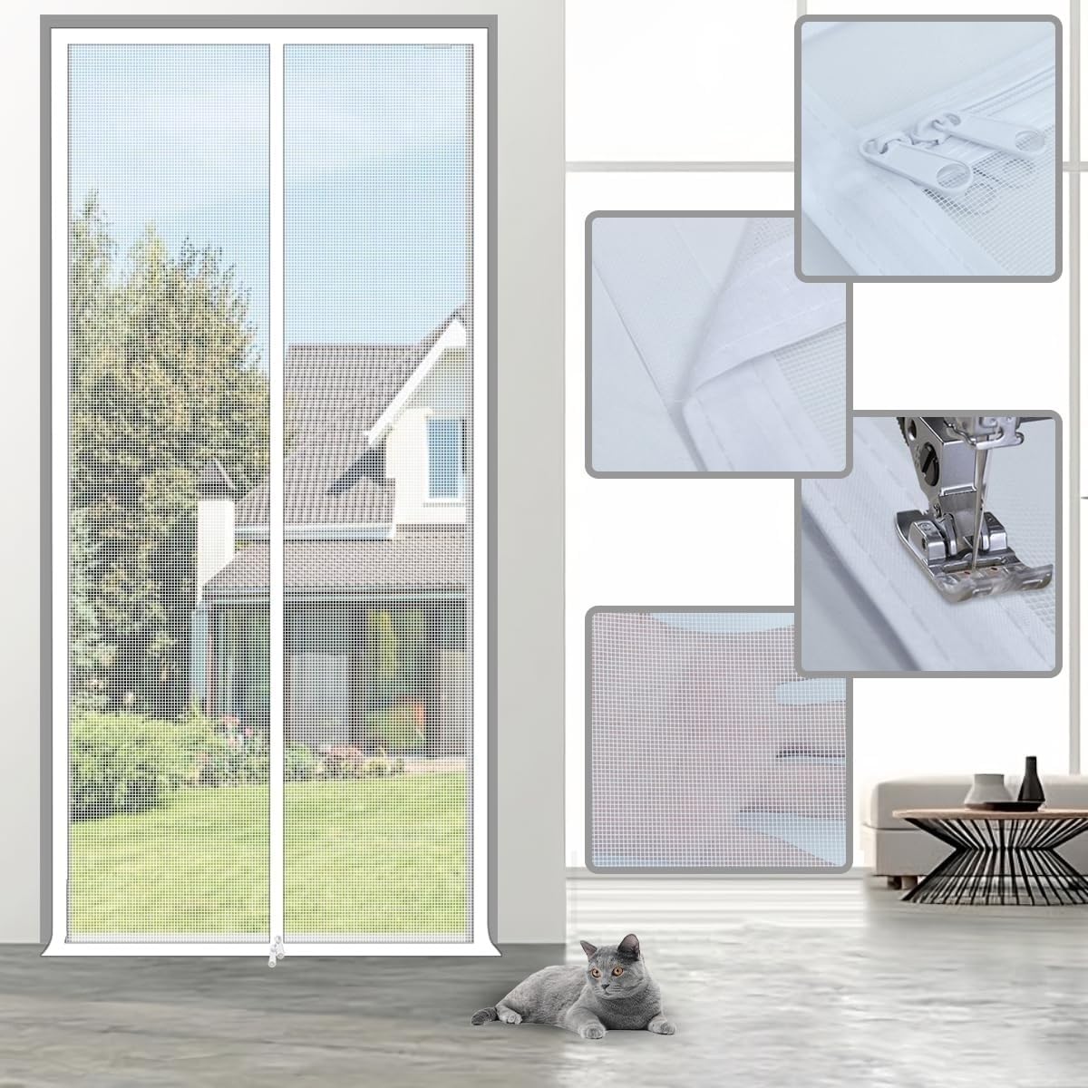 Puerta con solapa reforzada para gatos, puerta de malla blanca para gatos, varios tamaños (C 80 x 200 cm), solución de acceso para mascotas para hogares, fácil instalación y ajuste seguro