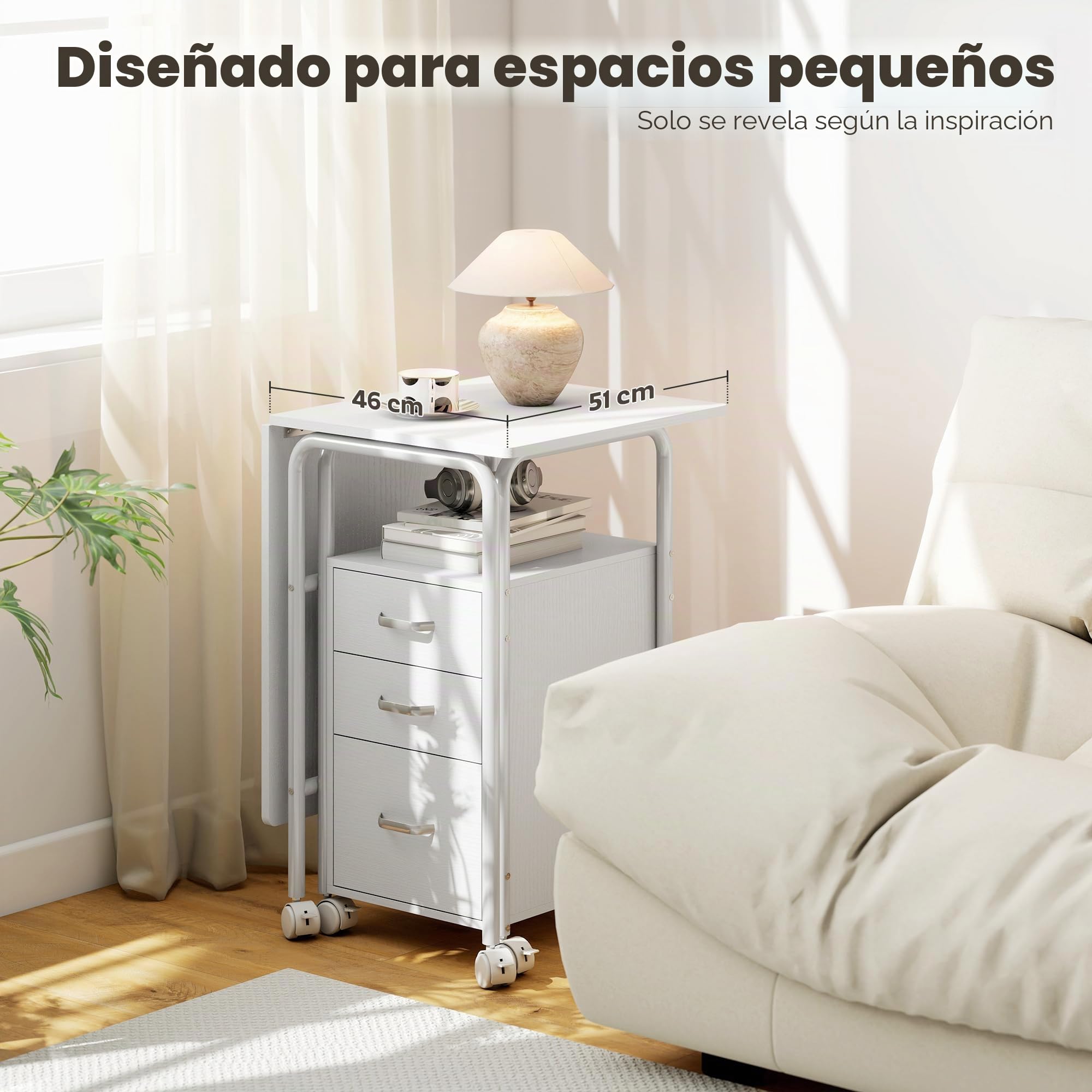 HOMCOM Escritorio Plegable con Ruedas y 3 cajones 105x51x75,5 cm Blanco | Escritorio para ordenador, sobre extensible, estructura de acero, para teletrabajo, dormitorio, estudio, estilo moderno.