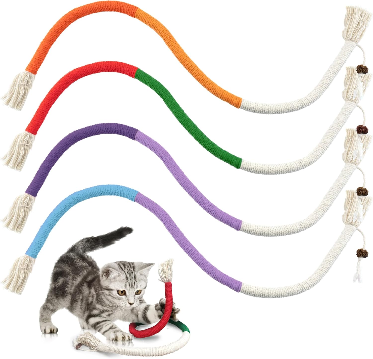 Quacc 4 PCS Cat Chew Toy Bite Ropes with Natural Gall Fruit, Colorful Kitten Chew Rope Interactive Cat Toy Sturdy Chewing Ropes for Cat Teeth Cleaning Stress Release – 27.6″