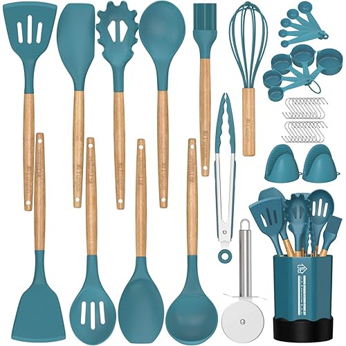 Kitchen Utensil Set Silicone Cooking Utensils -Fungun 26 pcs Kitchen Utensils Tools Wooden Handle Spoons Spatulas Set Cookware Turner Tongs Whisk Kitchen Gadgets with Holder (BPA Free, Non Toxic)