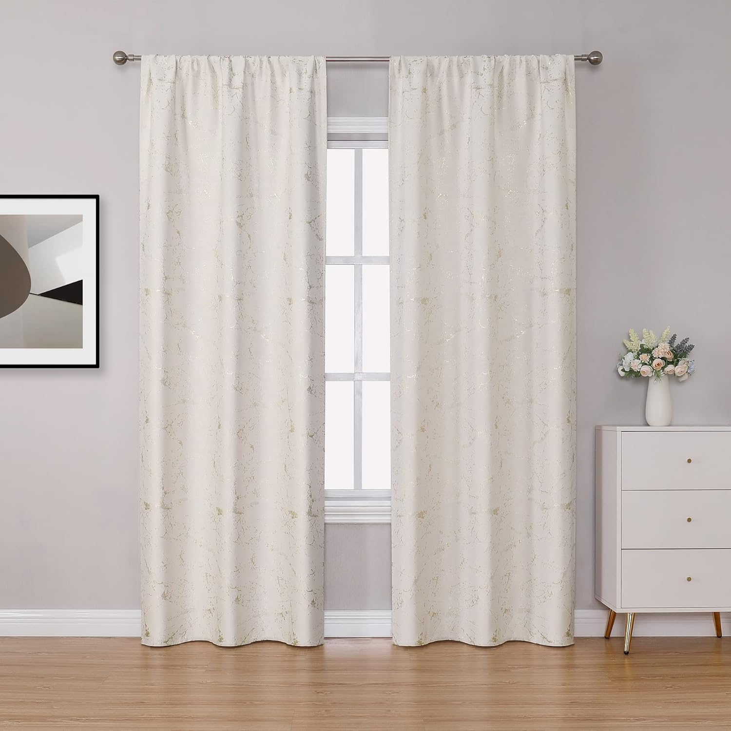 Majestic Giftware 2 Pieces Jacquard Window Curtains - WT1307-4263 | (42 x 63) Window Treatment for Bedroom, Living Room & Kitchen | Long & Luxury Insulated Curtains (Marble White/Gold)