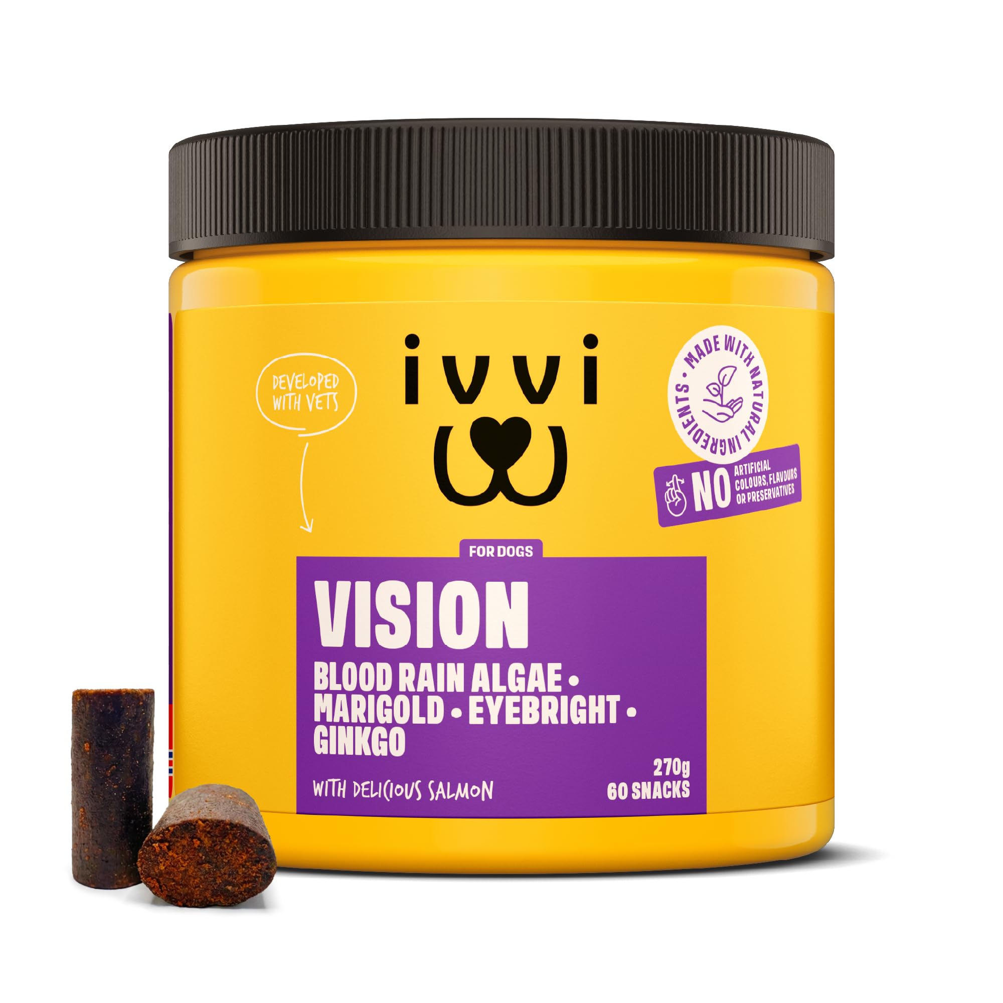 ivvi Vision – Eye Care Snacks for Dogs | With DHA, Astaxanthin, Blueberry & Eyebright | Supports Eye Comfort & Retina Function | 60 Soft Treats (270 g)