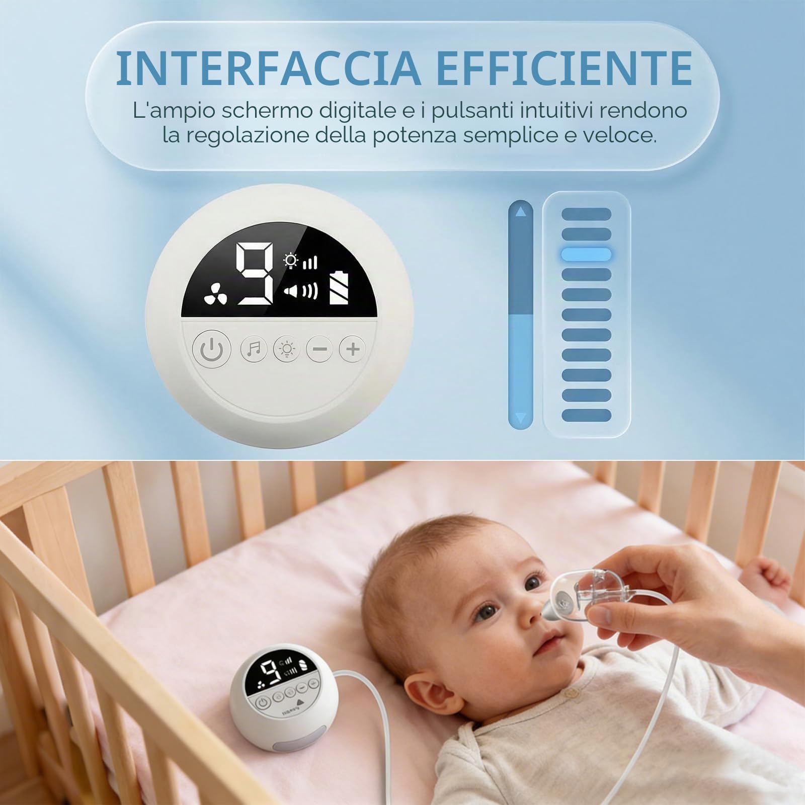 Aspiratore nasale elettrico per bambini, 65 kPa, forte aspirazione e 9 livelli, silenzioso | Con musica e luce, ricaricabile, 3 misure di ugelli in silicone alimentare, per neonati e bambini
