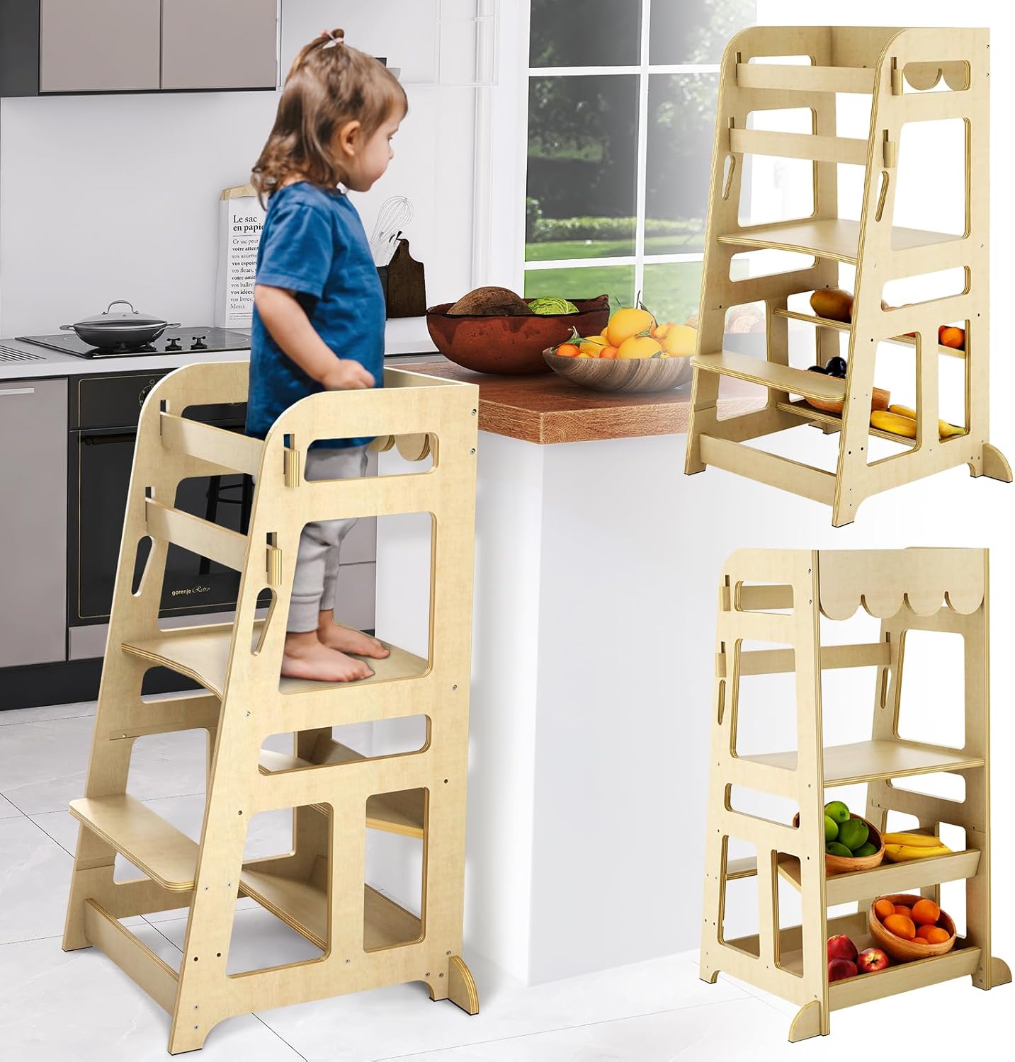 Kitchen Stool Helper for Toddler Aged 16, Wooden Grocery