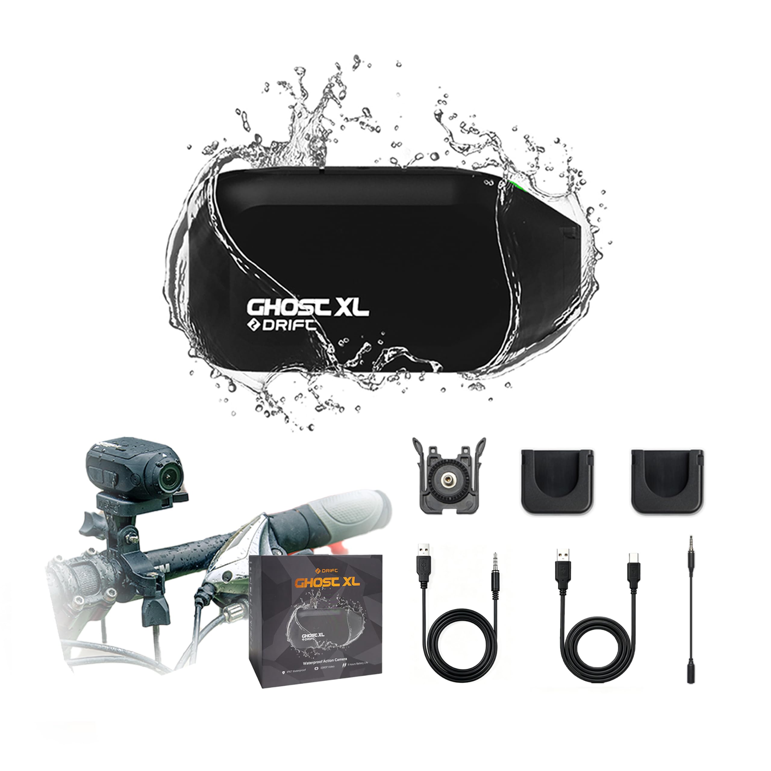 Drift Ghost XL - Camera Sport Moto, Batterie 9h, Objectif Rotatif 300°, Grand Angle 140°, Étanche IPX7