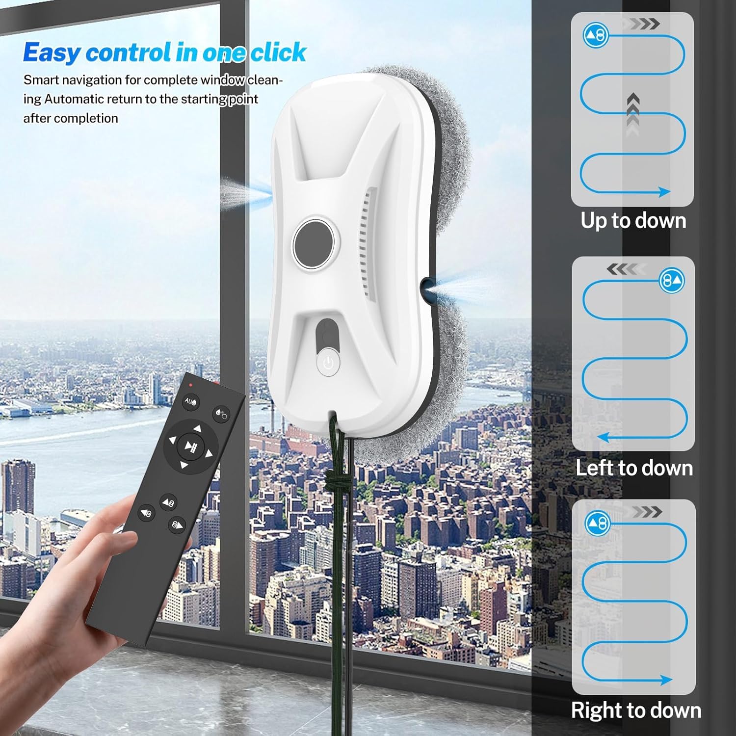Fensterputzroboter 5600Pa, Fensterputzroboter mit Doppelstrahl Sprühfunktion, Fensterreiniger Roboter mit Fernbedienung, 3 Reinigungswege, Intelligente Navigation und Kantenerkennungssystem