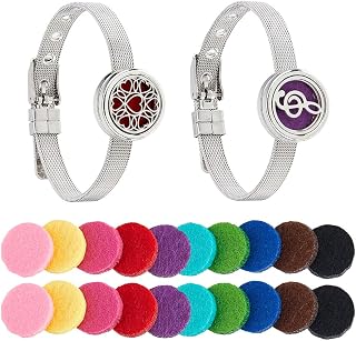 2 Styles Essential Oil Diffuser Bracelet 8.82 inch Stainless Steel Watch Band Bracelets Aromatherapy Locket Adjustable Bracelet with 20Pcs Washable Refill Pads for Women Men Friends