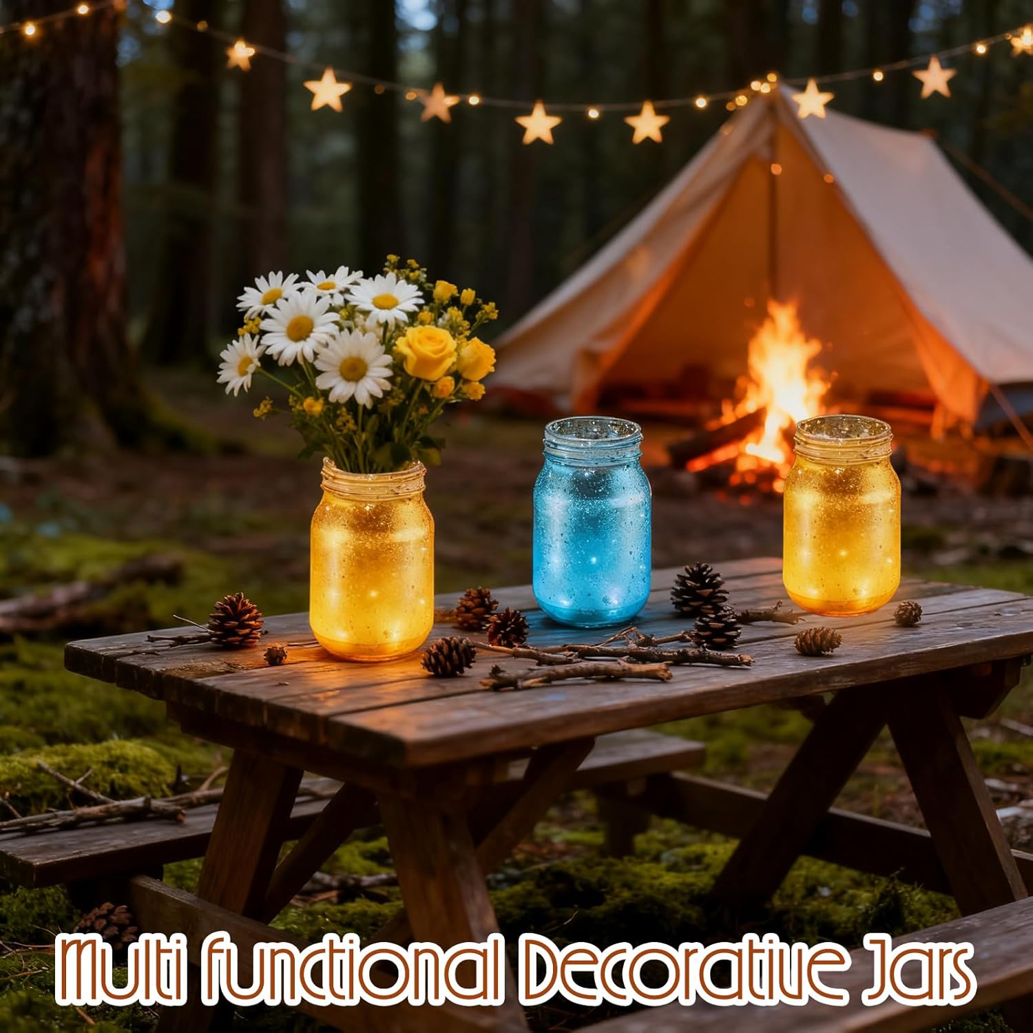 20 Pcs Painted Mason Jars with 20 Light Strings and 1 Ribbon Gold Glass Centerpiec Jars for DIY Table Wedding Housewarming Home