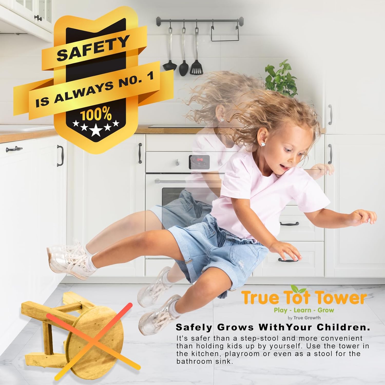 True Tot Toddler Tower - Folding Montessori Kitchen Stool for Children | Safety Rail & Non-Slip Rubber Feet | Adjustable Height | Solid Wood Construction Supports up to 100 lbs | Foldable for Storage