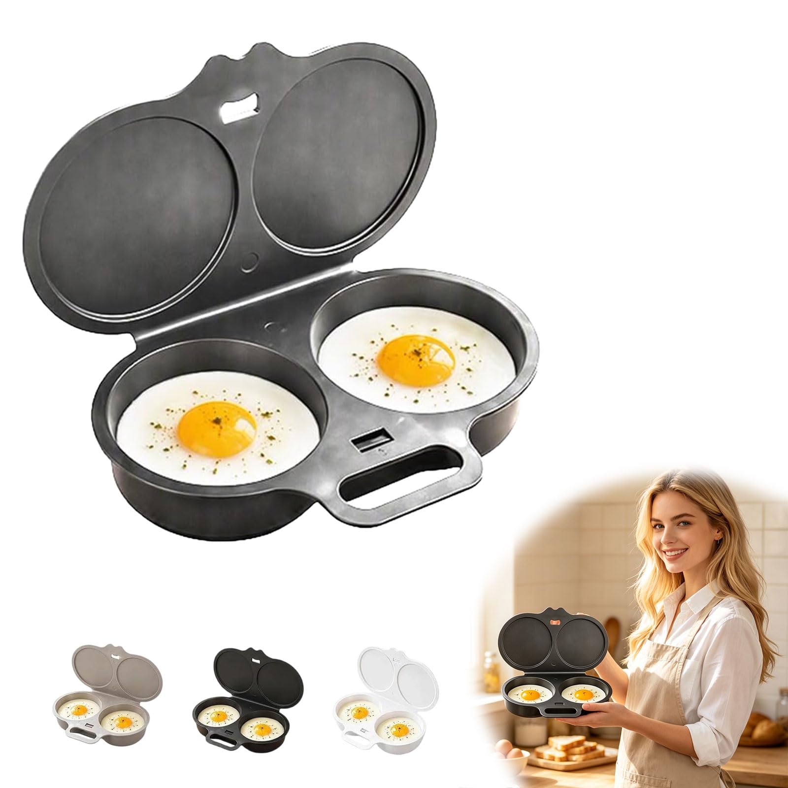 Dual Cavity Microwave Egg Poacher with Lid and Handle, Dark Gray 1pcs