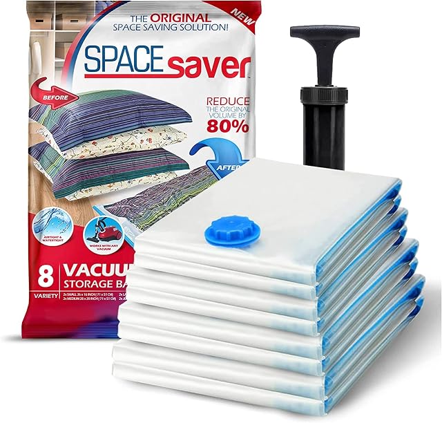 Spacesaver Premium Vacuum Storage Bags - Includes Hand-Pump for Travel - Double-Zip Seal and Triple Seal Turbo-Valve for Max Space Saving - Variety 8 Pack (2 Small, 2 Medium, 2 Large, 2 Jumbo)