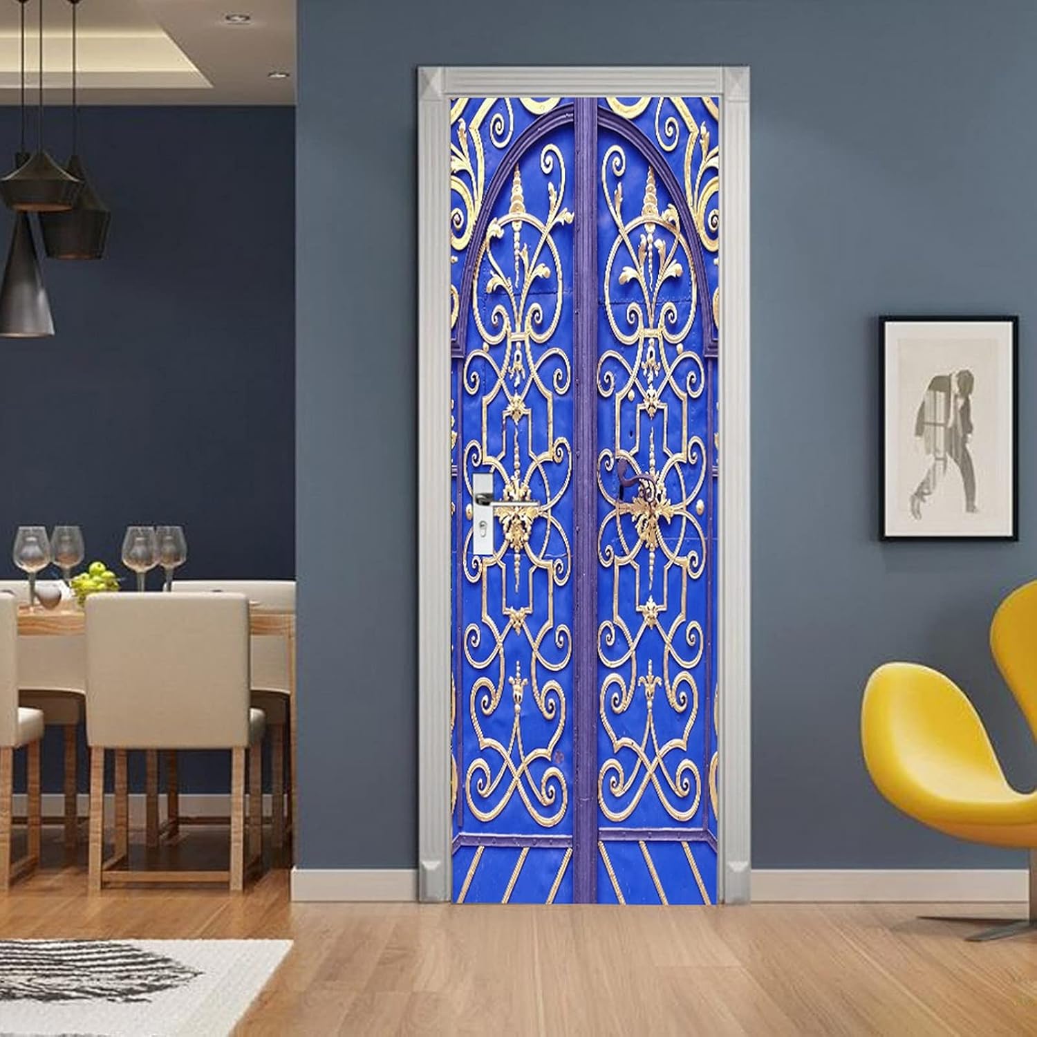 A.Monamour 3D Door Stickers for Interior Doors Wrought Iron Blue Door with Golden Decoration Vinyl Waterproof Self Adhesive Door Mural Decals for Bedroom Office Bathroom 77 x 200 cm