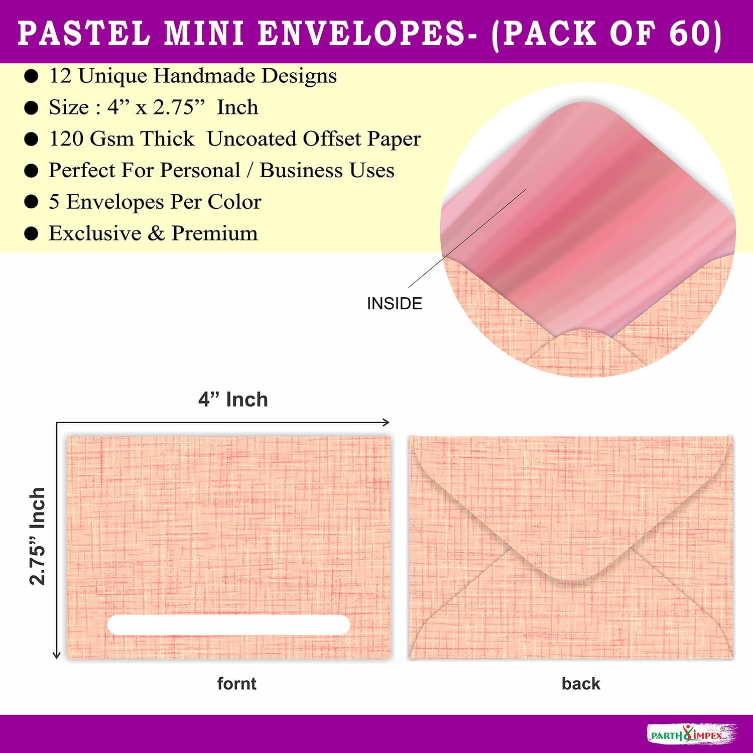 PARTH IMPEX 60 Pack Mini Envelopes for Gift Cards and Business Cards – 12 Pastel Colors, Durable 4'' x 2.7'' Envelopes for Special Occasions, Notes, and DIY Customization - Image 2