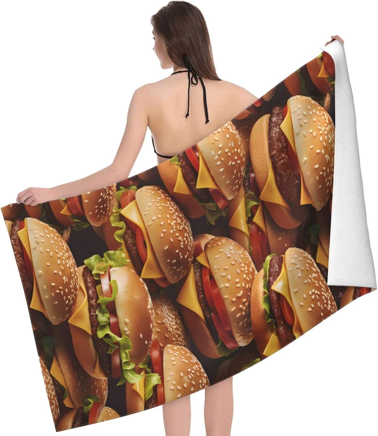Burger Pattern Beach Towel Fun Fast Food Sand-Free Microfiber Bath Towel Ultra Soft Quick Dry Pool Towel Absorbent Towel Lightweight Towel Gifts for Outdoor Bathroom Swimming Decor 31inx51in