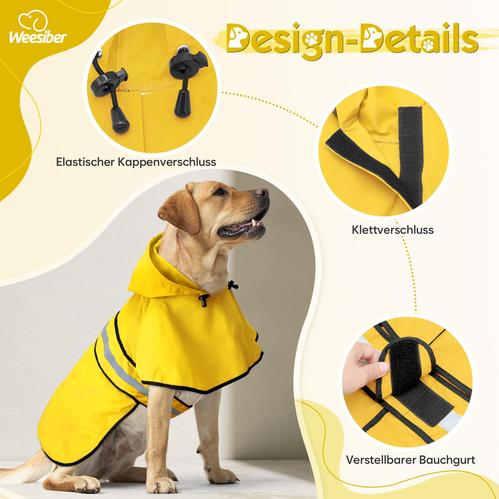 Weesiber Manteau de Pluie Imperméable Réfléchissant pour Chien, Étanche Ultraléger et Aéré, Veste Ajustable pour Animal de Compagnie, Poncho pour Chien(S,Jaune)