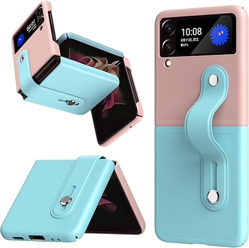 Miimall Funda compatible con Samsung Galaxy Z Flip 3 con correa + soporte, funda plegable ultrafina y ligera, pulsera expansiva gratuita con funda