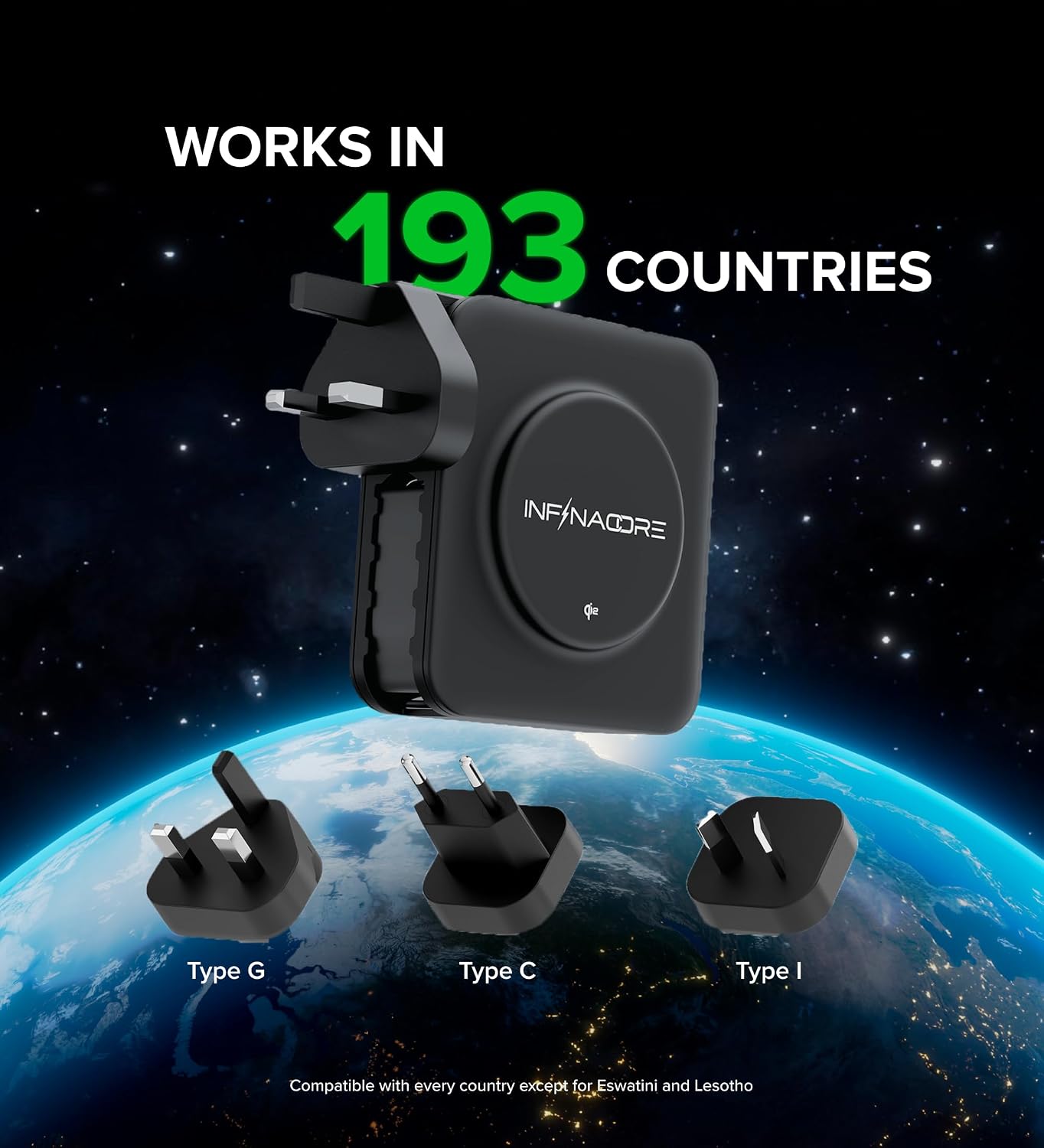 InfinaCore P3 Pro with Type G, Type C, and Type I international plug adapters, indicating compatibility in 193 countries.