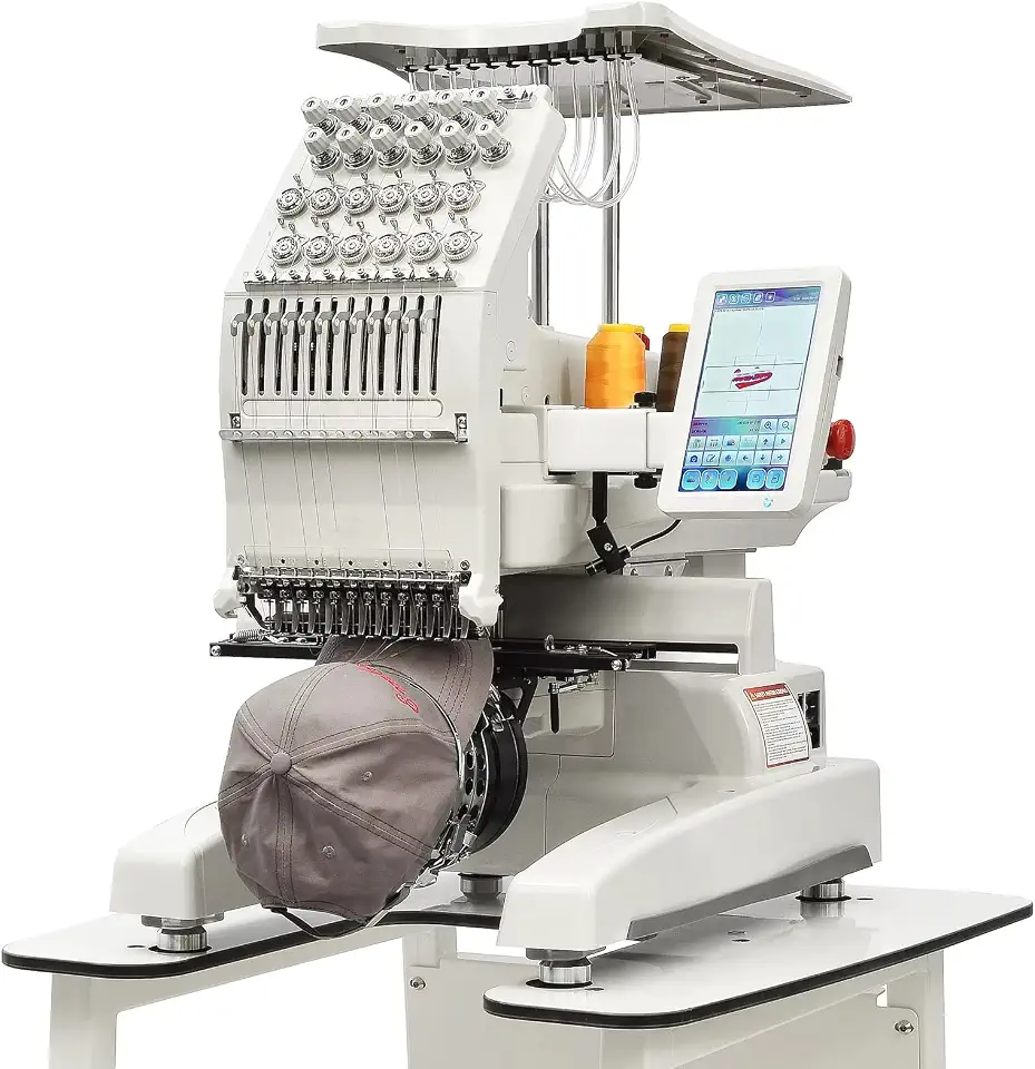 Máquina de bordar, equipamento de costura comercial de cabeça única embalado com kit de ferramentas completo, suporta bordado de tampa curva e criação de tecido plano amplo