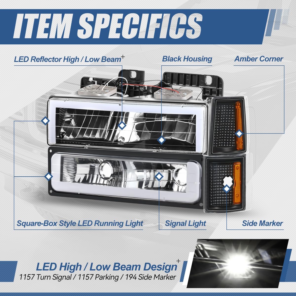 Auto Dynasty LED DRL Headlights Assembly Compatible with 1994-2000 GMC C/K Series Yukon Suburban, 8Pcs Headlamps Replacement w/Bumper Lamps, Box-Style LED Switchback DRL, Black Housing Amber Corner