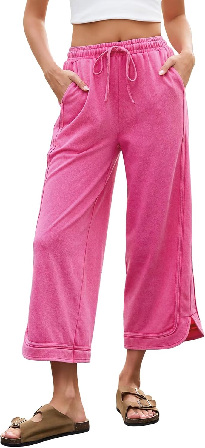 Allimy Women's 2026 Spring Acid Wash Baggy Wide Leg Sweatpants Casual Comfy Drawstring Joggers Cropped Capri Pants